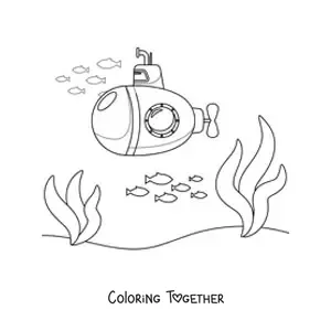 Coloring page of a cartoon submarine on the ocean floor