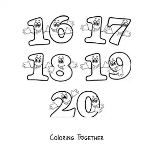 Coloring page of the animated numbers 16 to 20 for kids