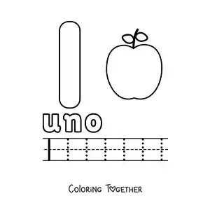 Coloring page of the number 1 with objects to learn to count and trace