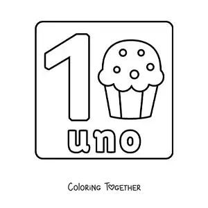 Coloring page of the number 1 with objects to learn to count