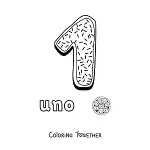 Coloring page of the animated number 1 shaped like a cookie with objects to count