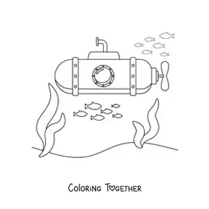 Coloring page of a long cartoon submarine on the ocean floor