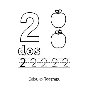 Coloring page of the number 2 with objects to learn to count and trace