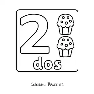Coloring page of the number 2 with objects to learn to count
