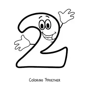 Coloring page of the animated number 2 dancing for kids