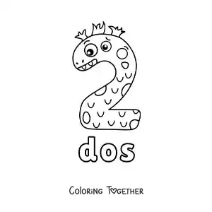 Coloring page of the number 2 shaped like an animated Halloween monster