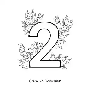 Coloring page of the number 2 decorated with flowers