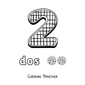 Coloring page of the animated number 2 shaped like a cookie with objects to count