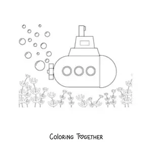 Coloring page of a submarine on the ocean floor with bubbles and fish