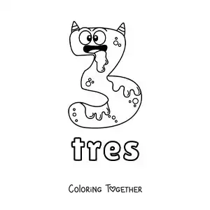Coloring page of the number 3 shaped like an animated Halloween monster