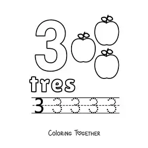 Coloring page of the number 3 with objects to learn to count and trace
