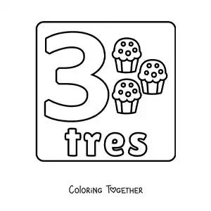 Coloring page of the number 3 with objects to learn to count