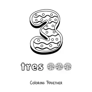 Coloring page of the animated number 3 shaped like a cookie with objects to count