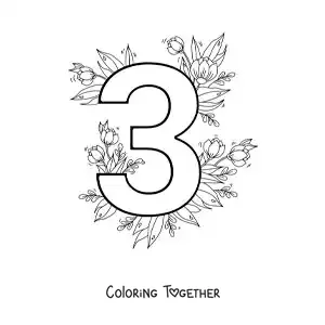 Coloring page of the number 3 decorated with flowers