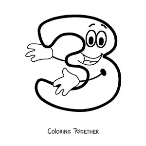 Coloring page of the animated number 3 dancing for kids