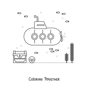 Coloring page of a submarine on the ocean floor next to a treasure