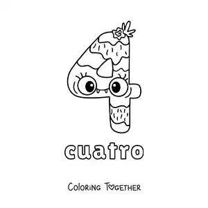 Coloring page of the number 4 shaped like an animated Halloween monster