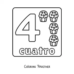 Coloring page of the number 4 with objects to learn to count