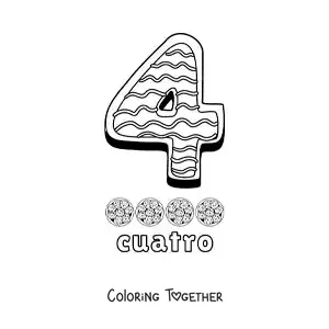 Coloring page of the animated number 4 shaped like a cookie with objects to count