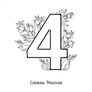 Coloring page of the number 4 decorated with flowers