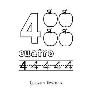 Coloring page of the number 4 with objects to learn to count and trace