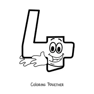Coloring page of the animated number 4 dancing for kids