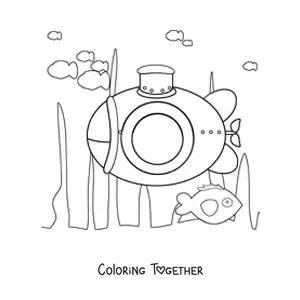 Coloring page of a submarine among seaweed on the ocean floor