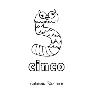 Coloring page of the number 5 shaped like an animated Halloween monster