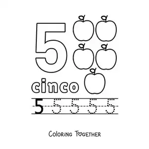 Coloring page of the number 5 with objects to learn to count