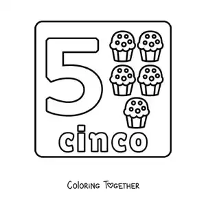 Coloring page of the number 5 with objects to learn to count and trace