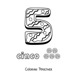 Coloring page of the animated number 5 shaped like a cookie with objects to count