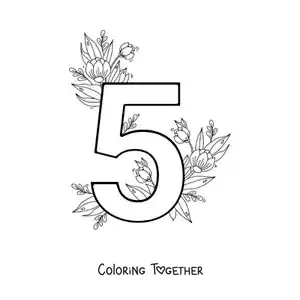 Coloring page of the number 5 decorated with flowers