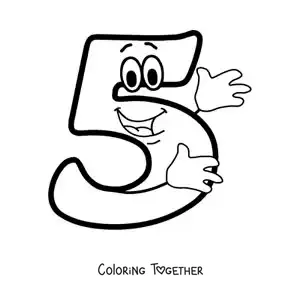 Coloring page of the animated number 5 dancing for kids