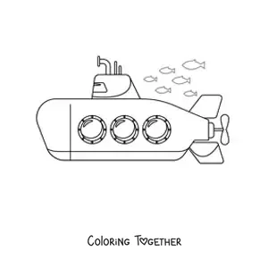 Coloring page of a submarine with three windows surrounded by fish