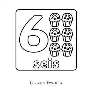 Coloring page of the number 6 with objects to learn to count