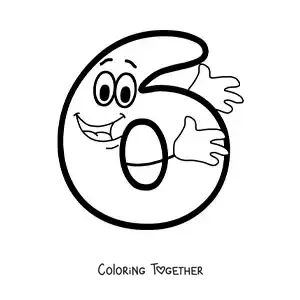 Coloring page of the animated number 6 dancing for kids