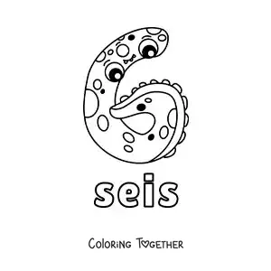 Coloring page of the number 6 shaped like an animated Halloween monster