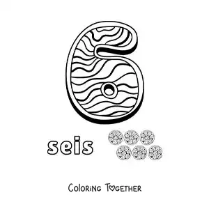 Coloring page of the animated number 6 shaped like a cookie with objects to count