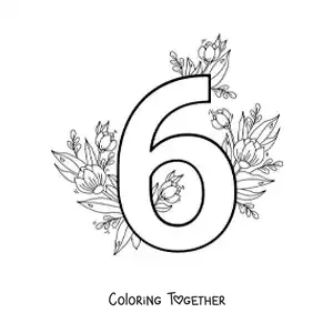 Coloring page of the number 6 decorated with flowers