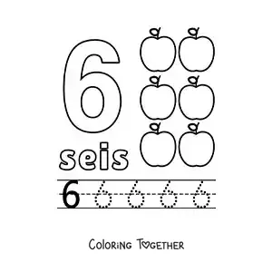 Coloring page of the number 6 with objects to learn to count and trace