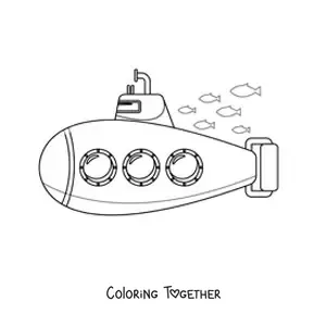 Coloring page of a submarine with three windows next to a school of fish