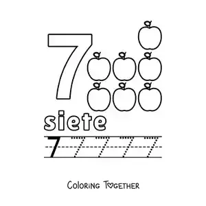 Coloring page of the number 7 with objects to learn to count and trace