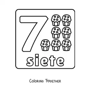 Coloring page of the number 7 with objects to learn to count