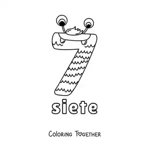 Coloring page of the number 7 shaped like an animated Halloween monster