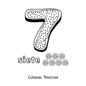 Coloring page of the animated number 7 shaped like a cookie with objects to count