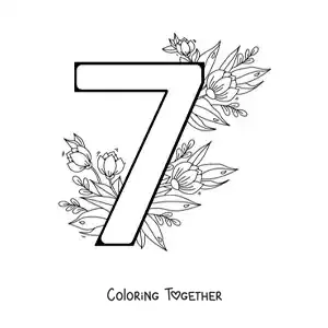 Coloring page of the number 7 decorated with flowers