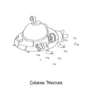 Coloring page of a round submarine next to several fish