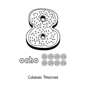 Coloring page of an animated number 8 shaped like a cookie with objects to count