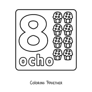 Coloring page of a number 8 with objects to learn to count