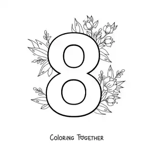 Coloring page of a number 8 decorated with flowers